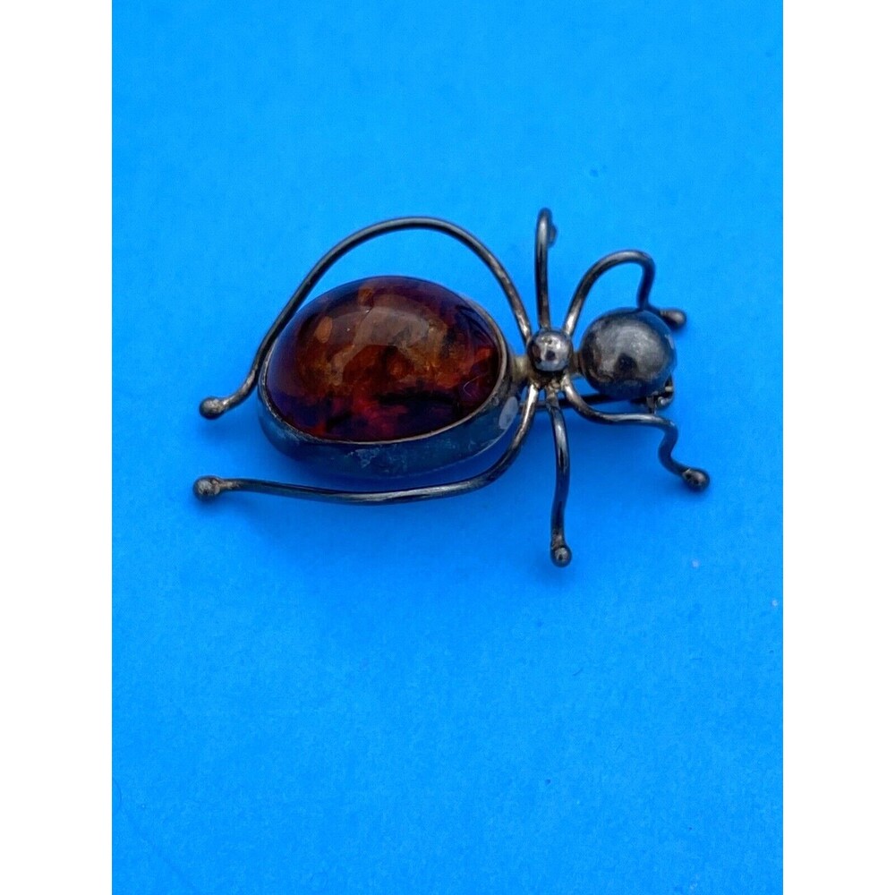 Vintage Authentic Sterling Silver & Baltic Amber Spider Critter Brooch Pin